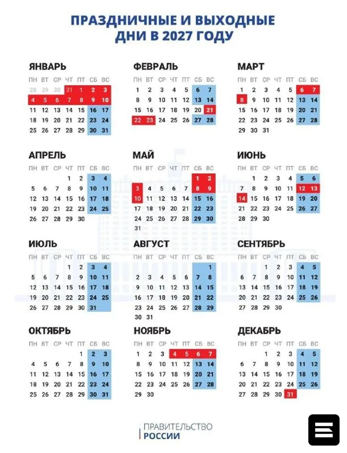 В России утвердили производственный календарь на 2027 год