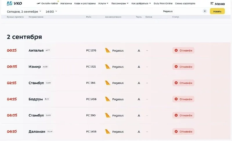 Pegasus отменила ночные рейсы в Москву, Петербург и Самару